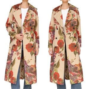 Avec Les Filles Rose Print Belted Double Breasted Cotton Blend Trench Coat - XS